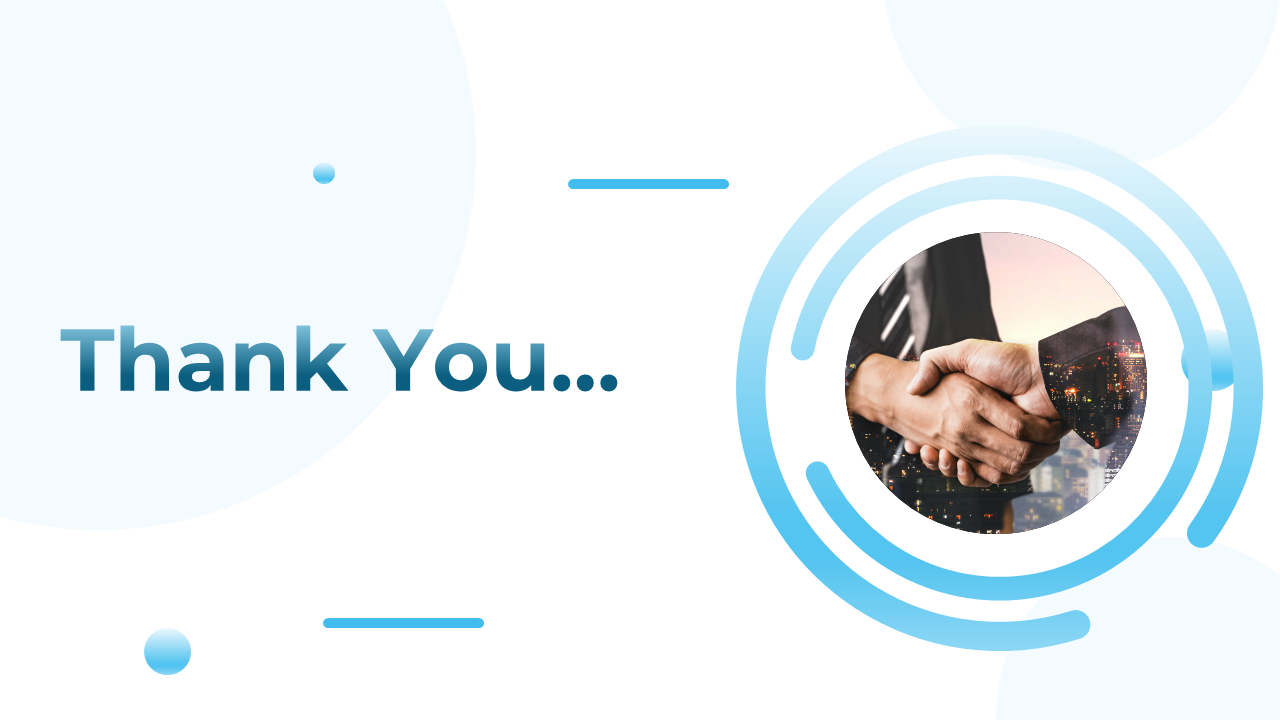 Thank you slide featuring a handshake image inside a circular frame with abstract blue accents.
