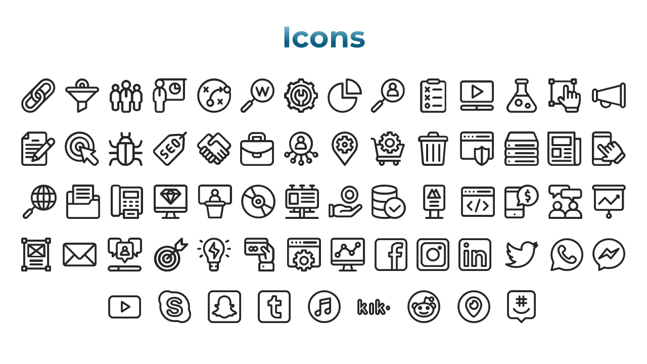 Collection of black outlined icons displayed in a grid format under a blue title, featuring business and technology symbols.