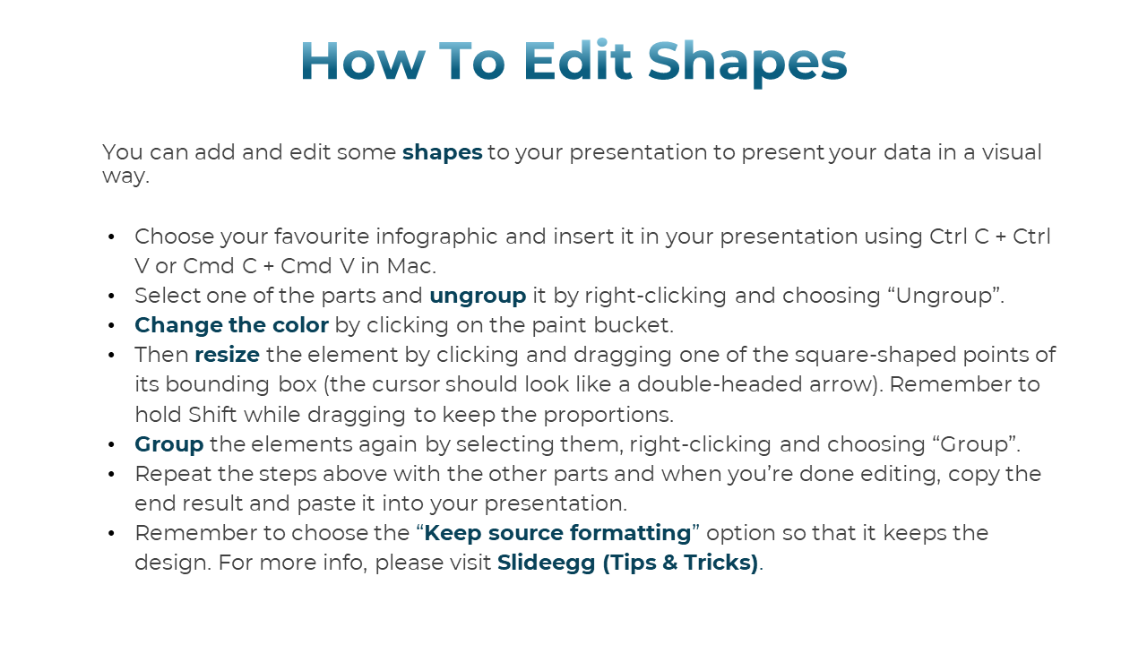Slide with a white background, blue title, and bullet points detailing steps for modifying shapes in a presentation.