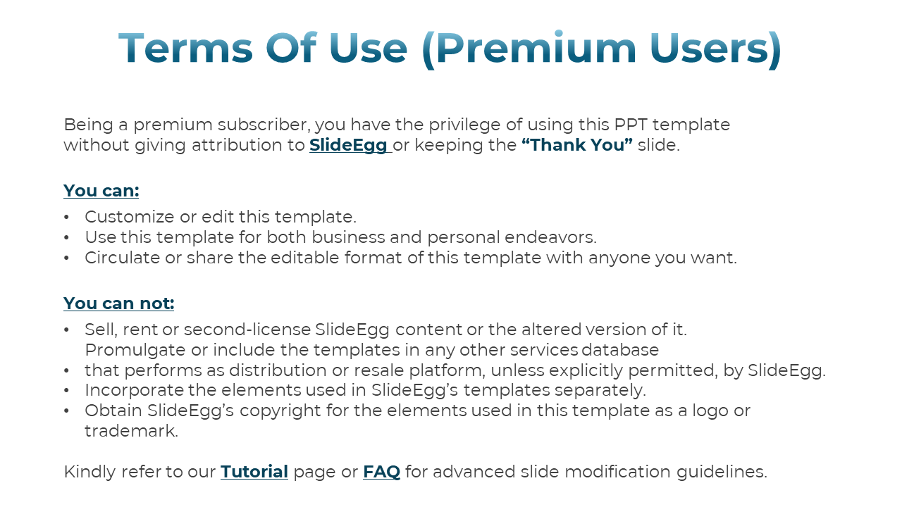 Terms of use slide with bold blue heading and black text detailing permissions and restrictions for premium users.