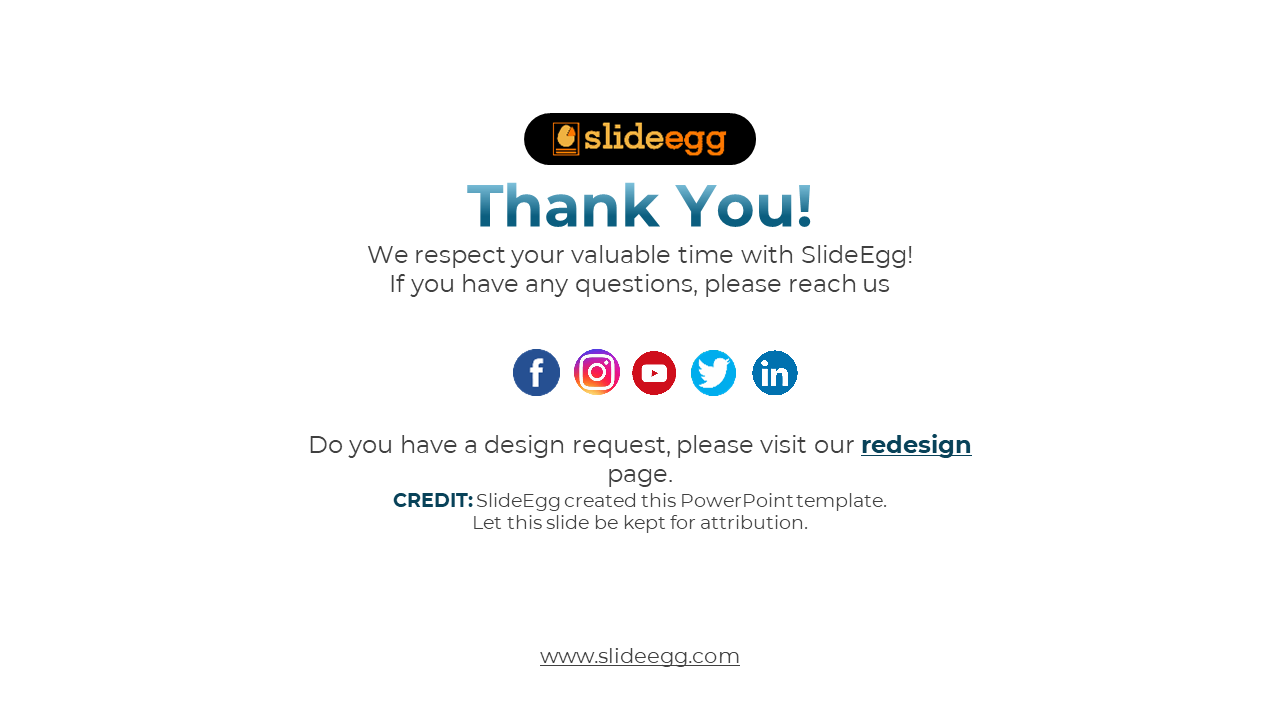 Thank you slide with a white background, blue text, social media icons, and a black and orange SlideEgg logo at the top.