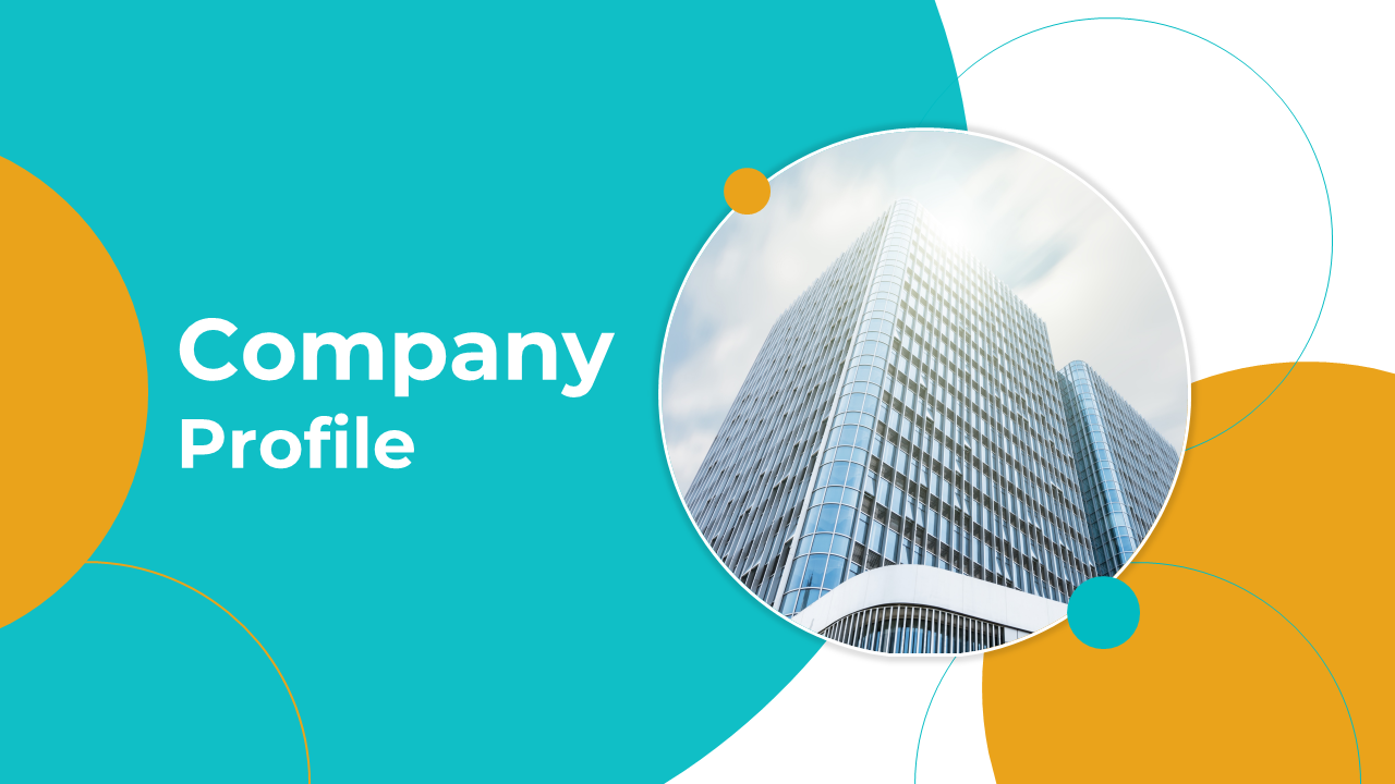 Slide deck showcasing a modern layout with a teal background, circular accents, and corporate building imagery.