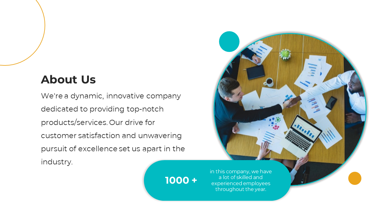 About us slide featuring a circular handshake image over a table of analytics charts, with blue and gold design.