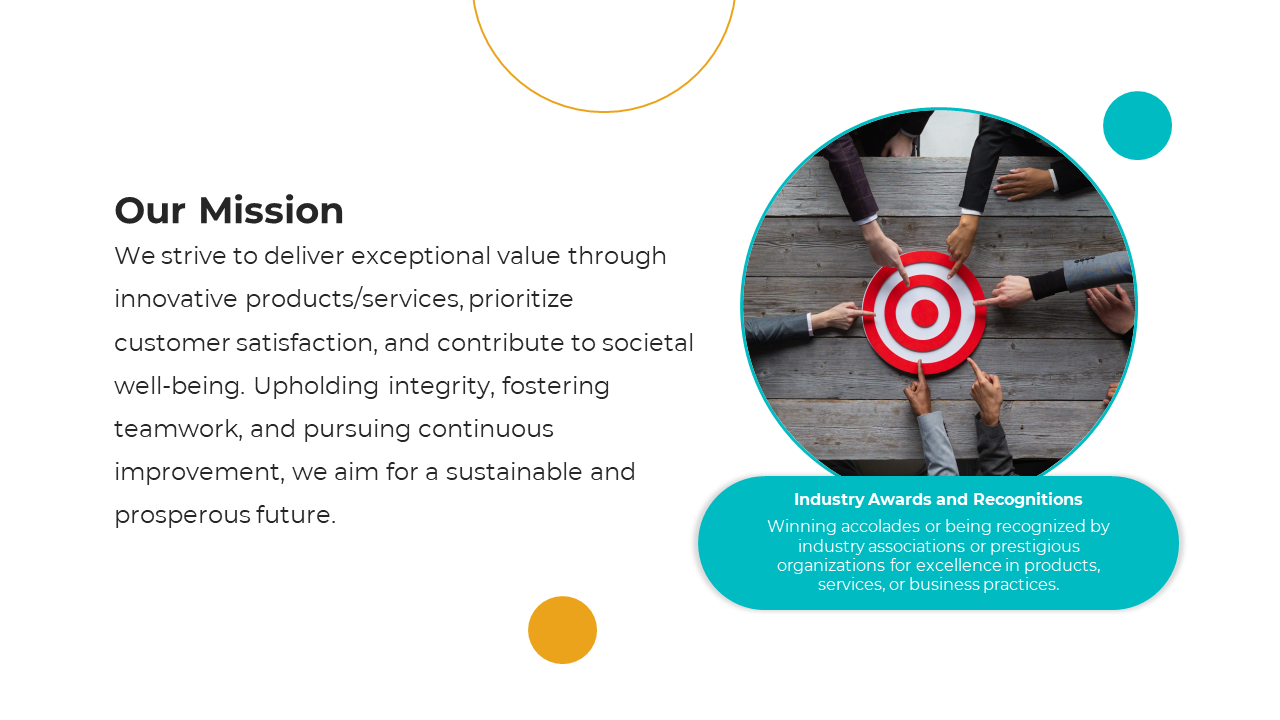 Mission slide with a circular image of hands reaching for a red and white target, with blue and gold accents.