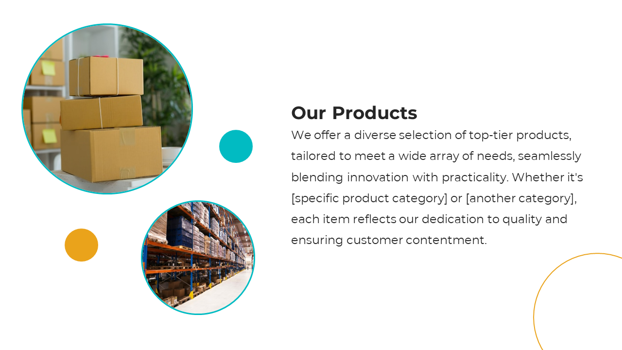 Product overview layout with circular images of packages and a warehouse, accented with blue and gold on a white background.
