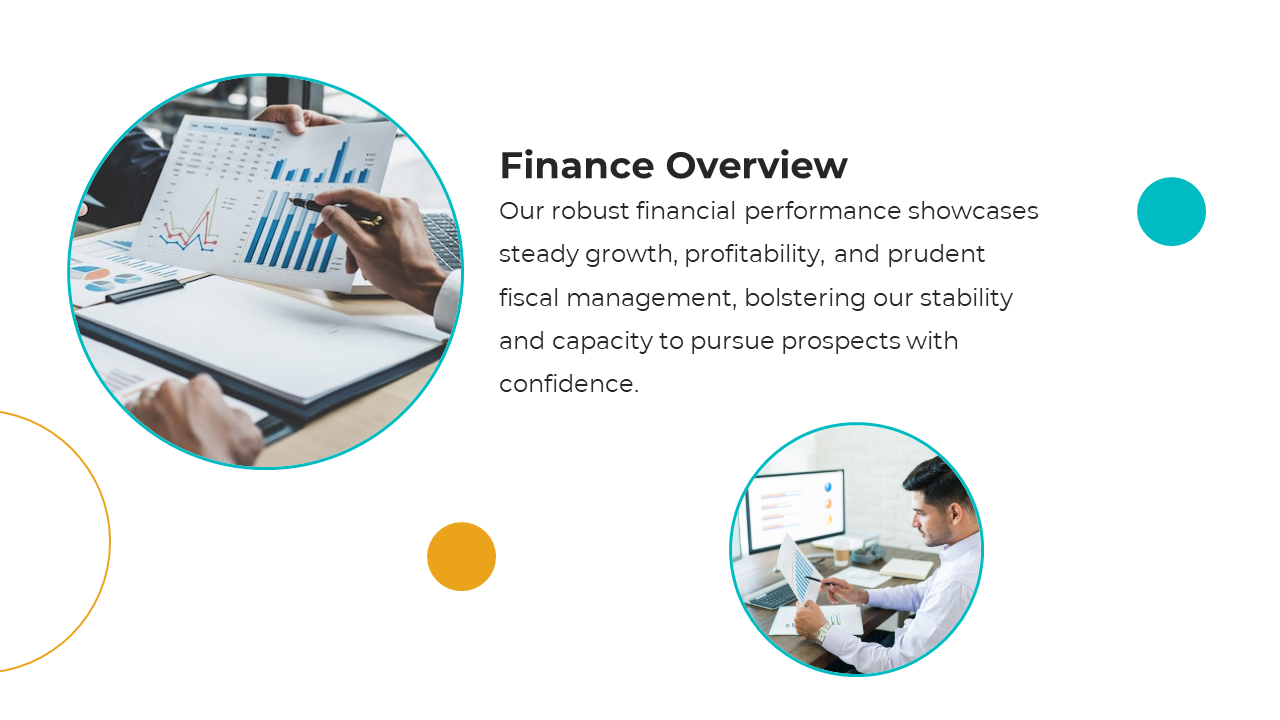 Financial themed slide with two round images of analytics charts, and a structured layout using blue and gold highlights.