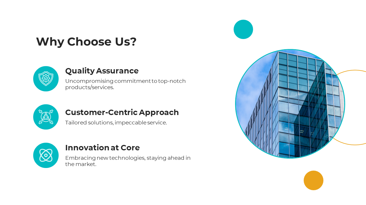 Slide with three left aligned text blocks with teal icons, and a right side circular image of a glass building.