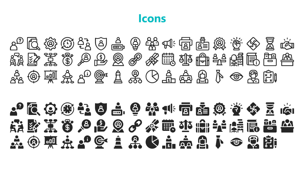Slide featuring a teal heading and two groups of business related icons, one in outline style and the other in solid black.