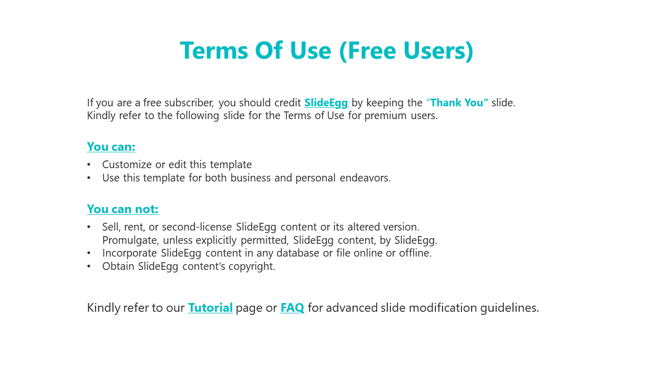 White background slide with a teal heading, black text, and bulleted lists explaining terms of use for free users.