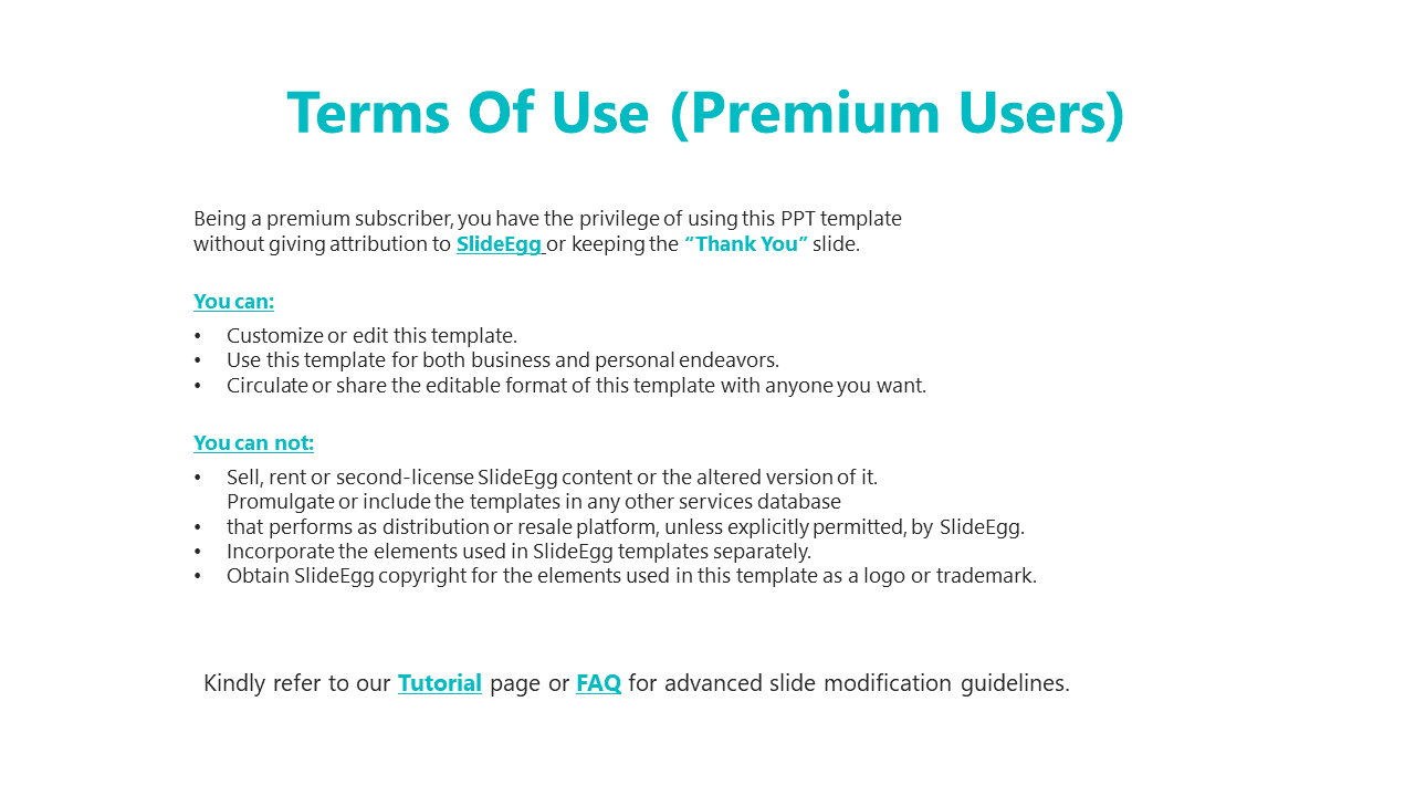 Clean layout with a bold teal title, black text, and bulleted lists outlining premium user terms on a white background.