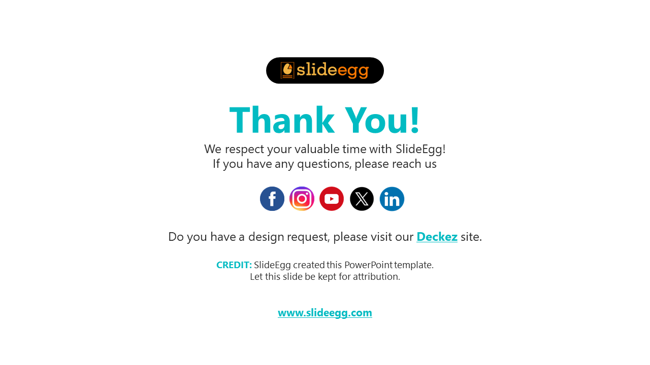 White background thank you slide with a teal title, text, circular social media icons, and a rounded black logo at the top.