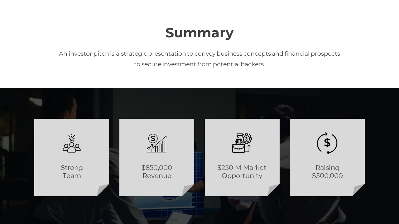Slide featuring four gray rectangular shapes with folded corners and minimal icons, on a blurred business imagery.