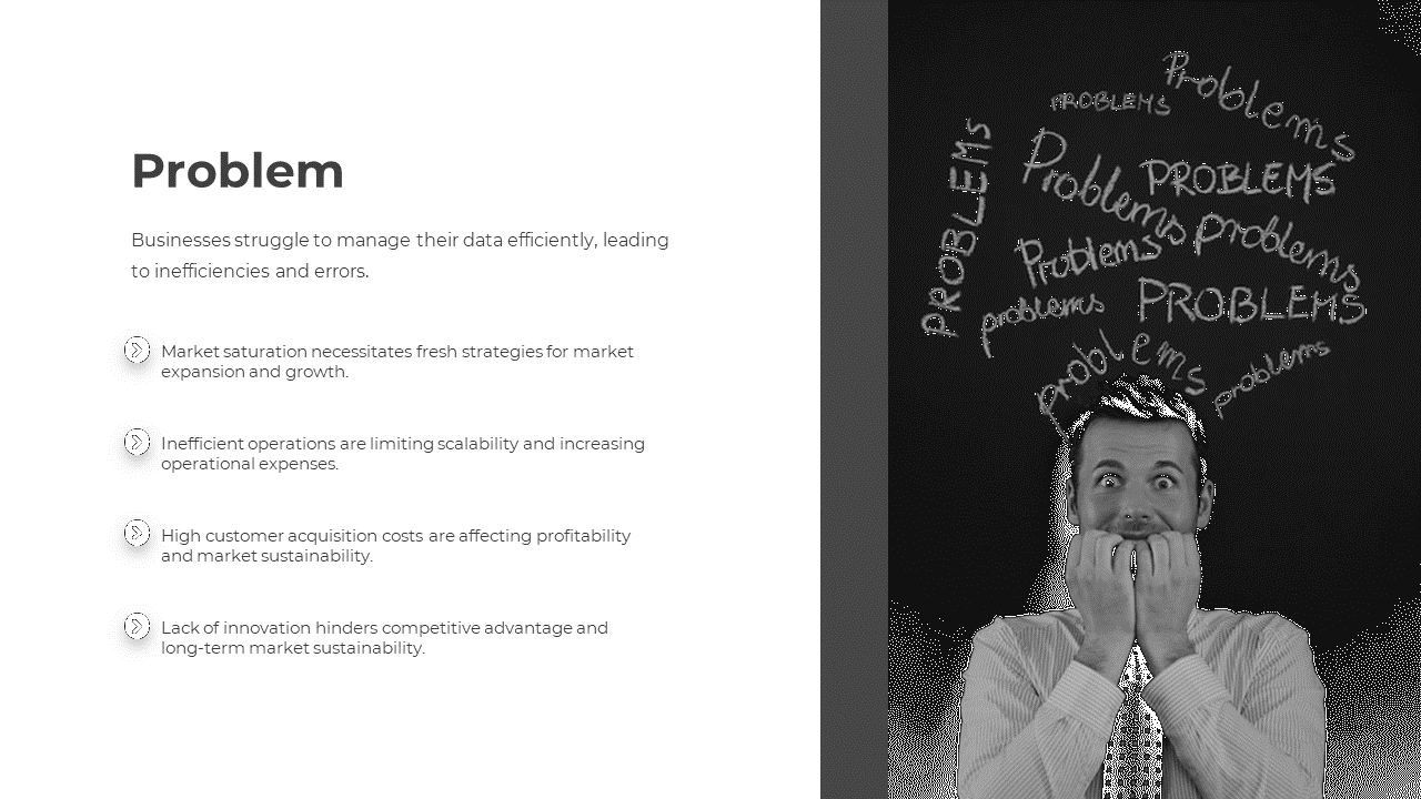 Monochrome slide featuring split vertical layout with bullet icons and worried man at right, with problems drawn above head.