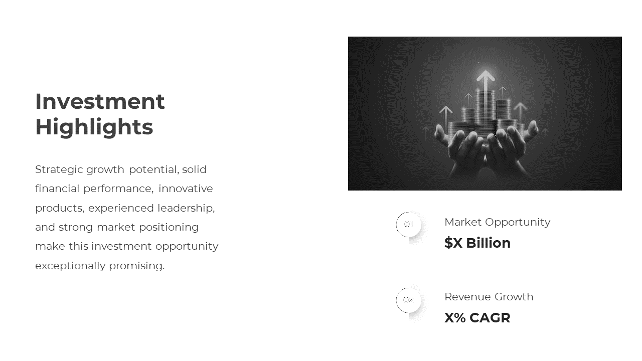 Investment slide design with black vertical blocks, two circular numbers, and hands holding stacked coins image.