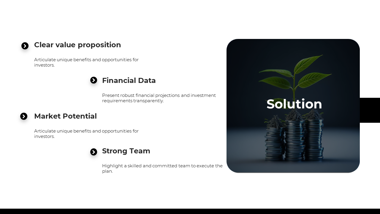 White slide with four text on the left and a dark rounded rectangle on the right, showing stacked coins with a green plant.
