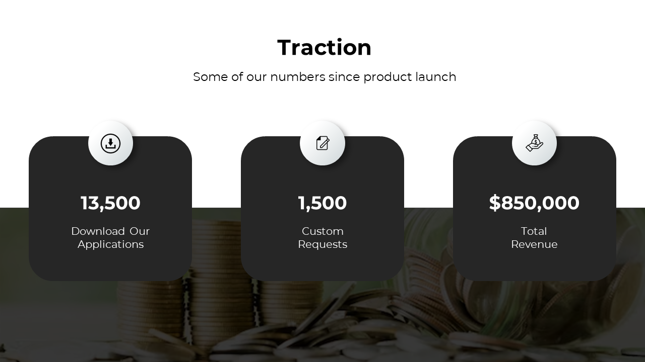 Traction slide with three black boxes, displaying metrics and white icons on top, on a blurred background of stacked coins.
