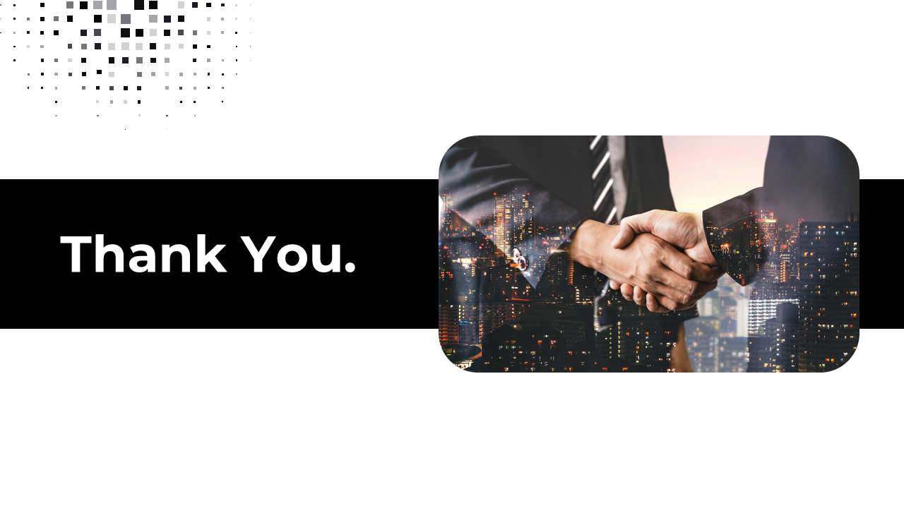 Thank you slide with bold white text on a black bar and an image of a handshake overlaying a city skyline.