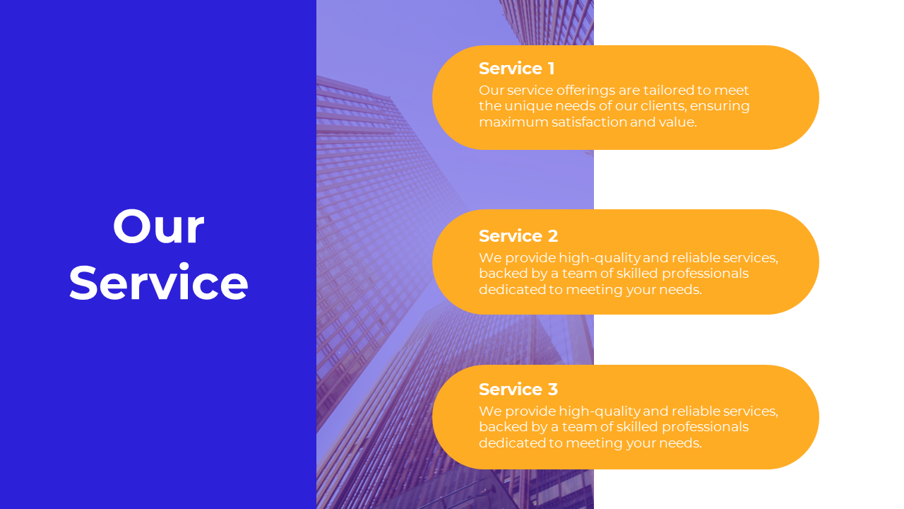 Our service slide with a blue title section on the left, three rounded orange text boxes, and a transparent cityscape image.