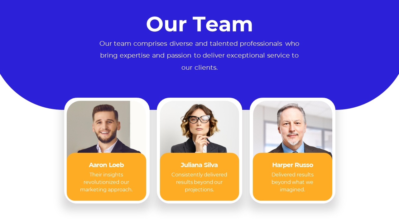 Slide with three profile cards with rounded corners, and team member names on orange labels, on a blue and white background.