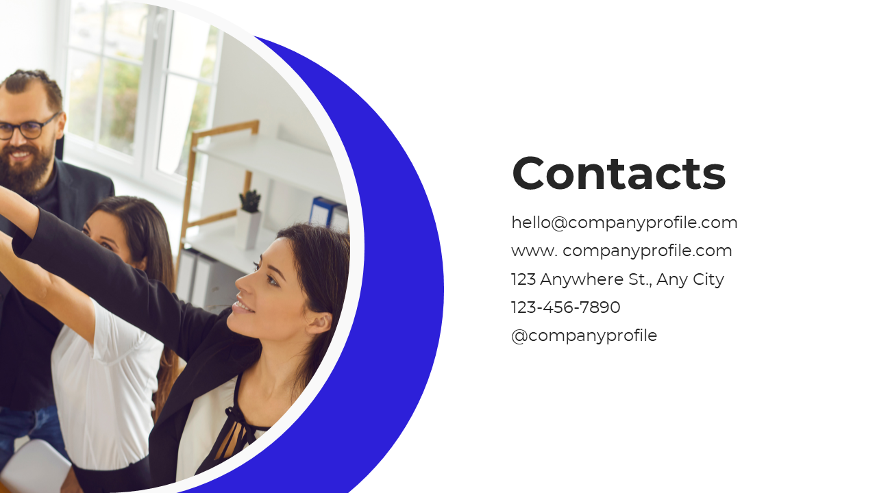 Slide with a bold black title, a business team photo inside a curved blue shape, and contact details on a white background.