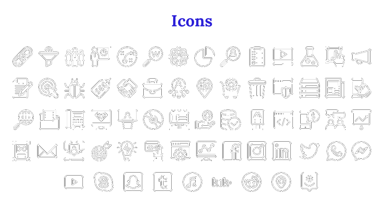 Slide with a bold blue title, displaying multiple black outline style icons in a structured grid format.