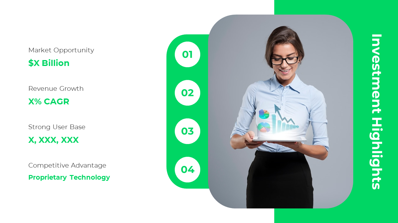 Businesswoman in a blue shirt holds a tablet with floating analytics, in green and white layout with numbered highlights.