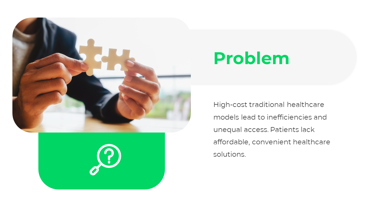 Problem slide featuring an image of hands joining puzzle pieces, and a bold heading, in a green and white theme.