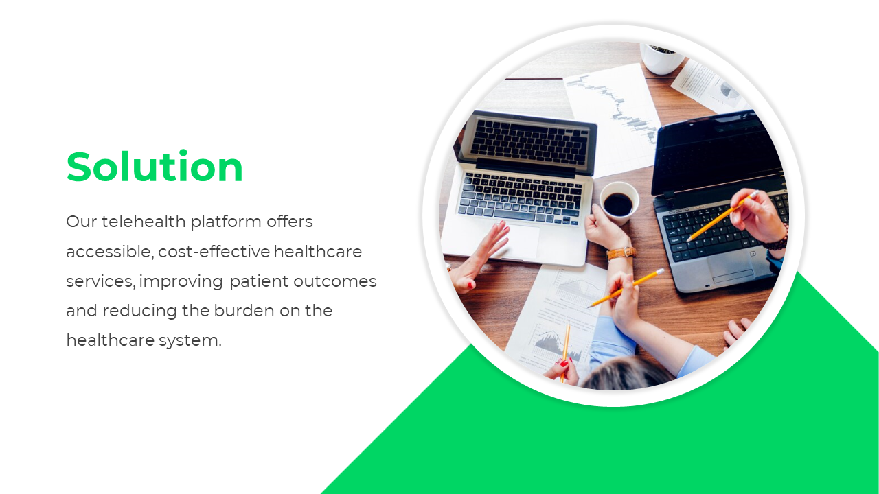 Solution slide with green and white layout, a circular image of teamwork with laptops, charts, and coffee on a table.