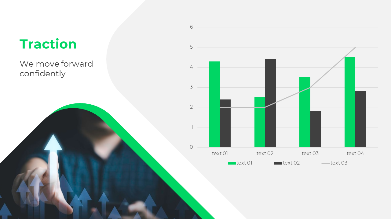 Traction slide with a green heading, a business themed image with upward arrows, and a bar chart showing growth trends.