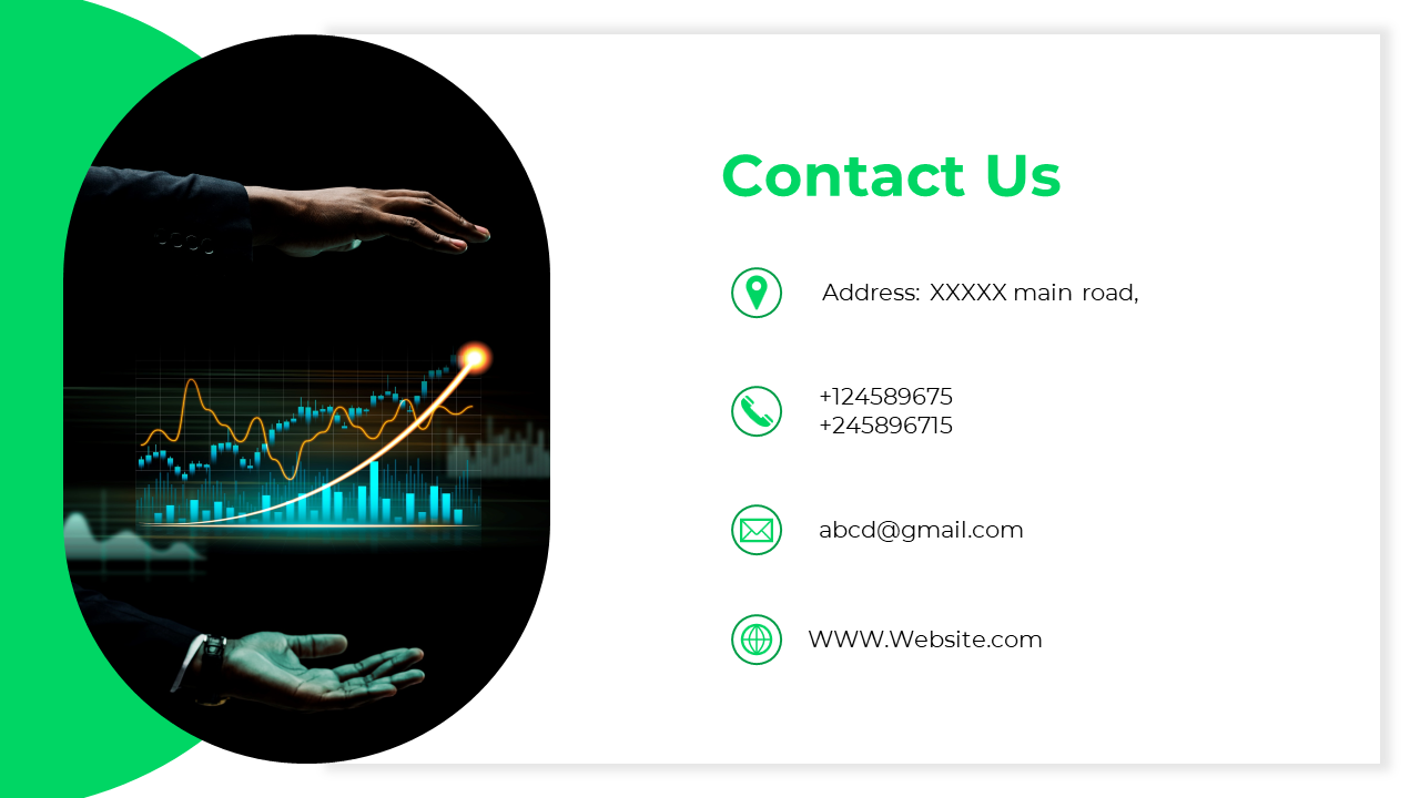 Contact us slide with green heading, icons, and text on a white background, featuring a financial growth chart on the left.