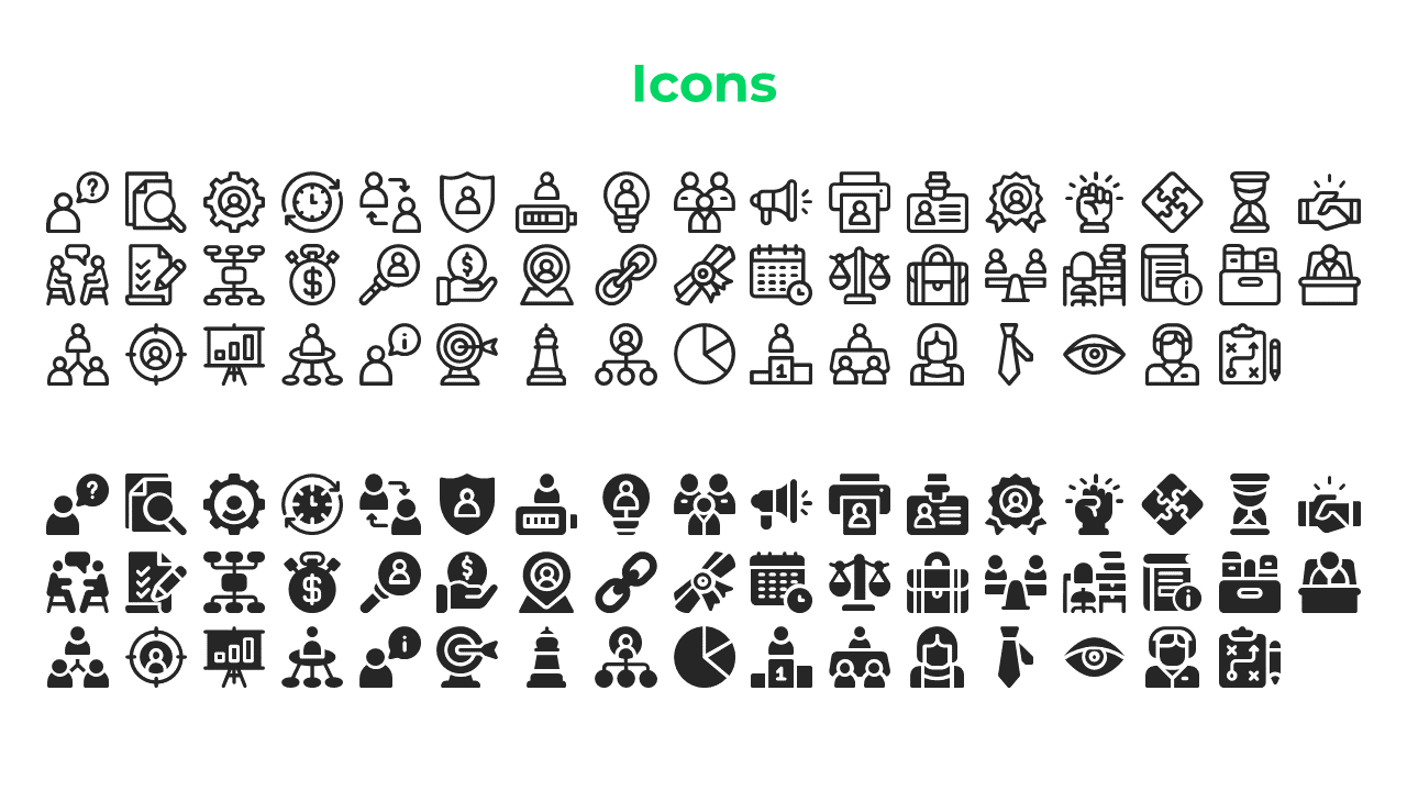 Slide with a green heading, displaying two sets of black outline and filled icons arranged in structured rows.