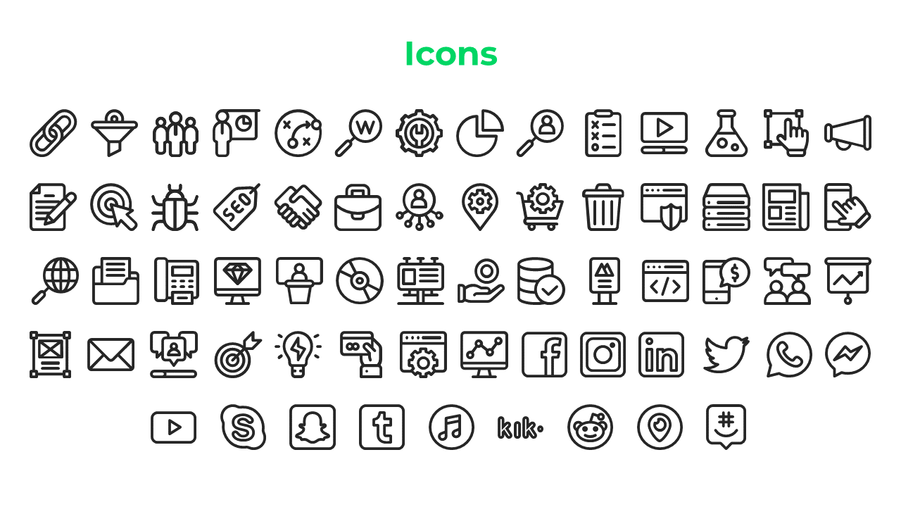 Grid based icon slide featuring a variety of black outline icons, with a bold green title and an organized layout.
