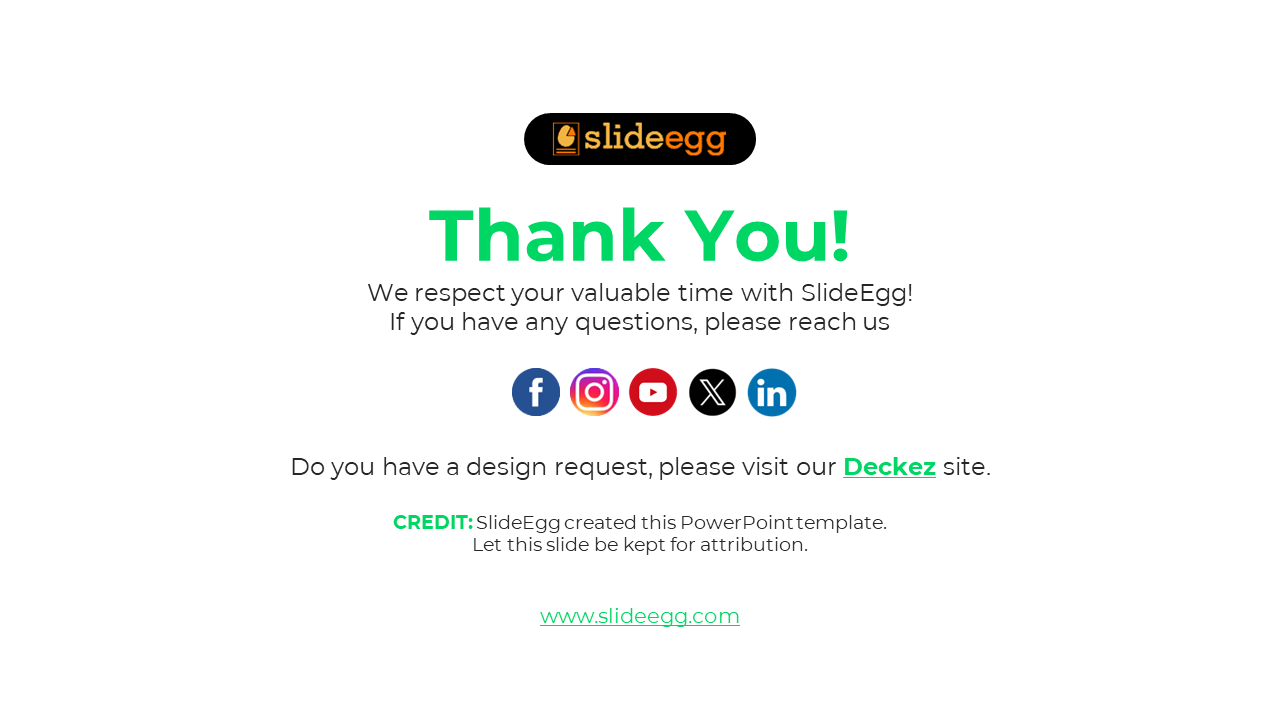 Thank you slide with green bold text, a SlideEgg logo, social media icons, and a website link on a white background.
