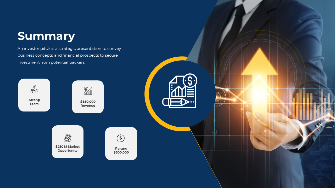 Summary slide with a dark blue background, featuring four white icons, and a glowing upward arrow with stock market visuals.