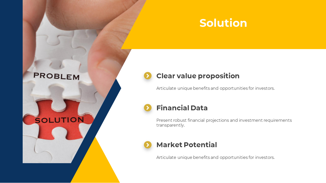 Slide with a hand placing a puzzle piece in a red labeled area, three bullet points, and a bold yellow header.