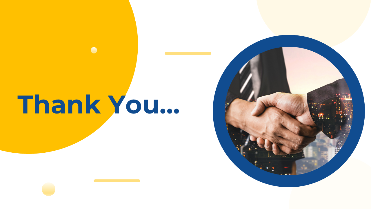 Thank you slide with a handshake image in a blue circle, yellow abstract shapes, and dark blue text on a white background.