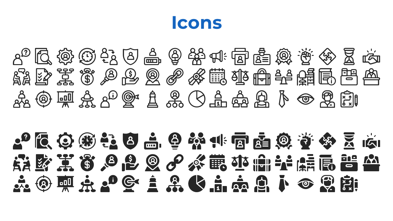 Slide with black business icons in outline and filled styles, arranged in two rows on a white background with a blue title.