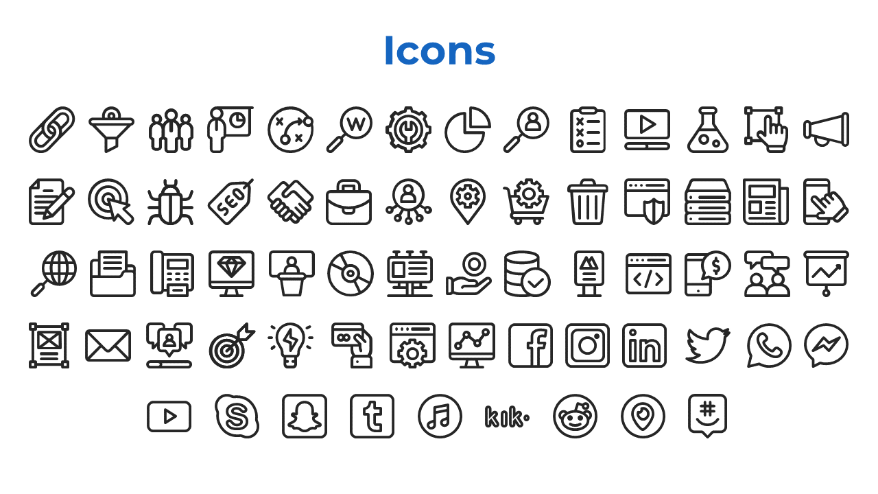 Collection of business, technology, and social media icons displayed in a grid format under a bold blue title.