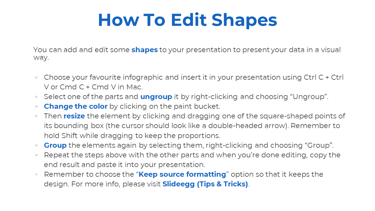 How to guide slide with a clean layout, blue header, black text, and bold terms emphasizing key steps in shape editing.