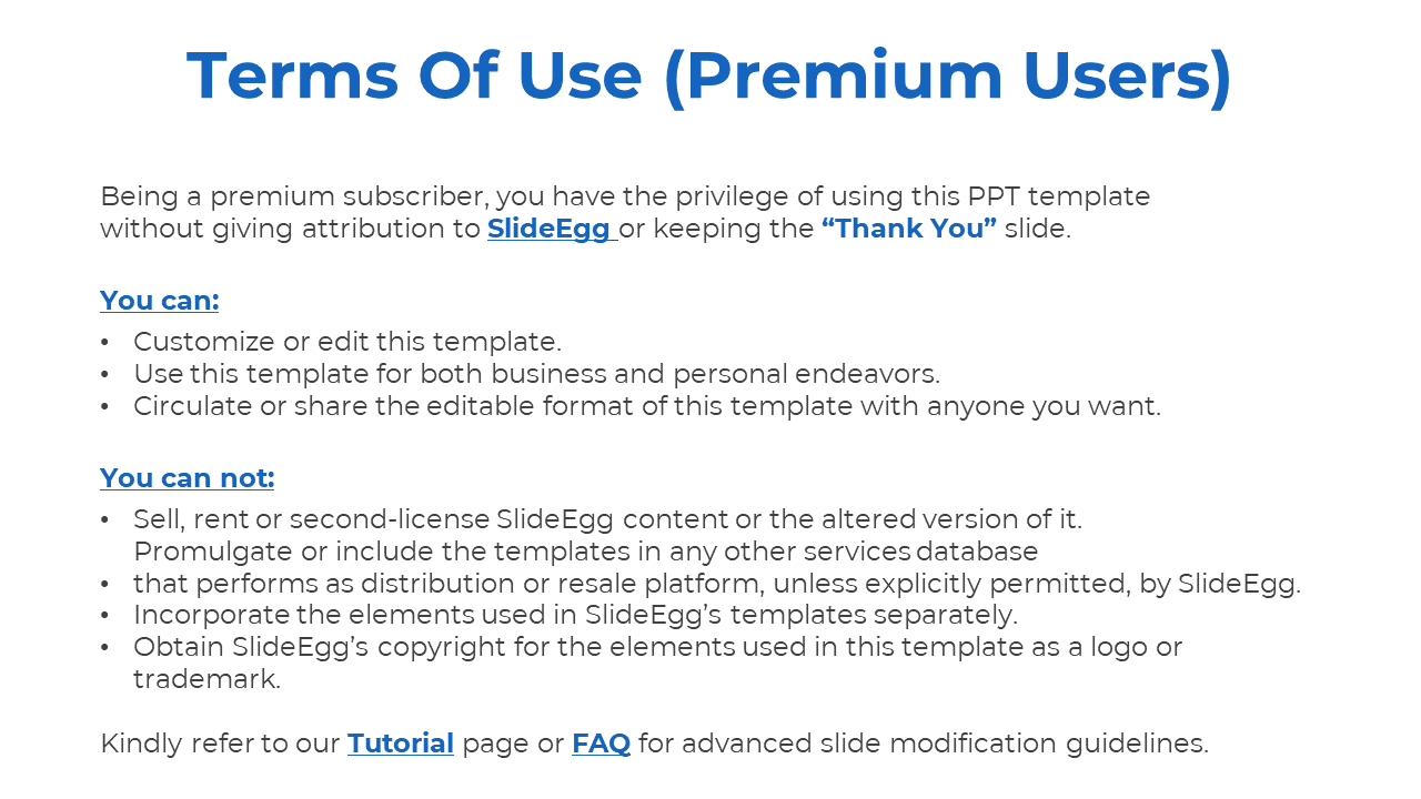 White slide with bold blue title, black body text, and hyperlinks, outlining terms of use for premium users.