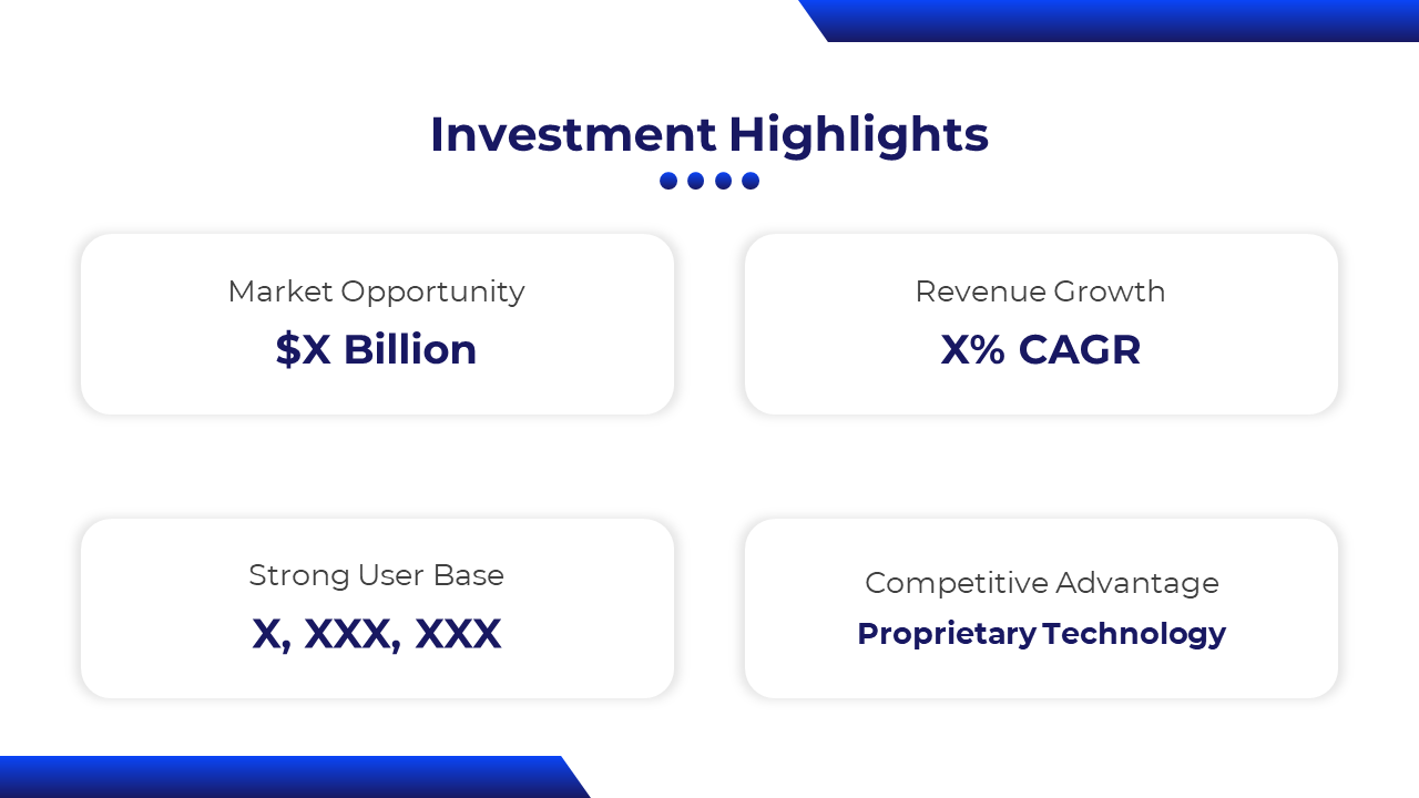 Investment highlights slide with four white rounded rectangles containing key financial metrics, and blue accents.