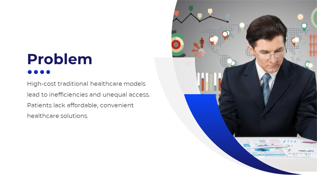 Problem slide with a business professional analyzing data, set against a world map with icons and a blue curved design.