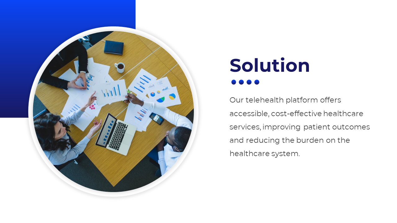 Solution slide with a circular overhead image of a team analyzing charts, set against a blue accented white background.