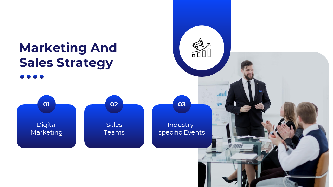 Marketing and sales strategy slide featuring three blue rectangular steps and a business meeting image on the right.