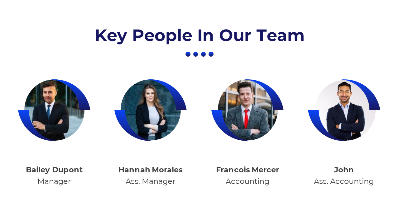 Team introduction slide featuring four circular profile photos with blue curved highlights, aligned under a bold title.