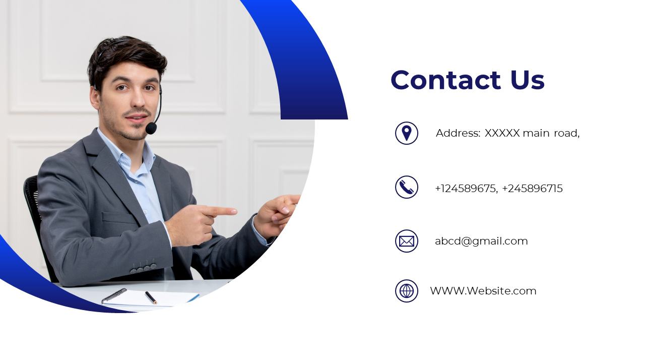 Business professional in a headset points at contact details on a split layout with a blue curved design on a white backdrop.