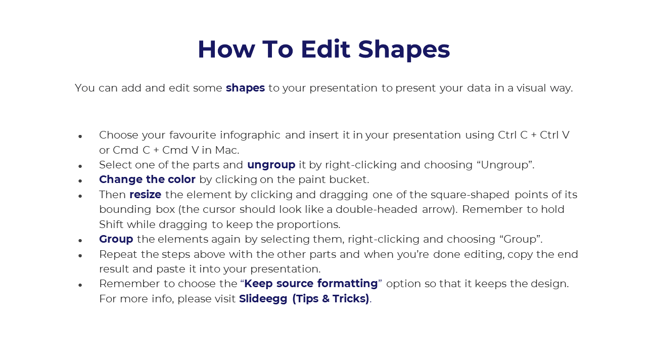 Slide with a clean white background, blue heading, and black text guiding users on shape customization.