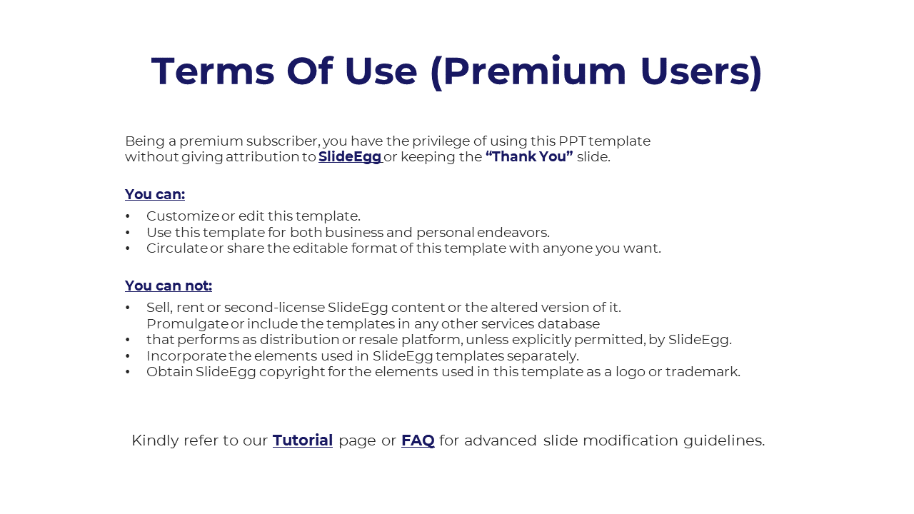 Slide featuring a large blue heading, formatted text in black, and clear sections outlining template usage rules.
