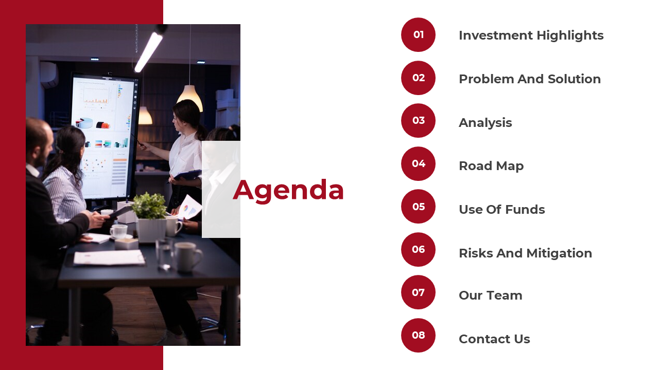 Agenda slide with a white background, featuring red circles numbered 01 to 08 and a business meeting photo on the left.