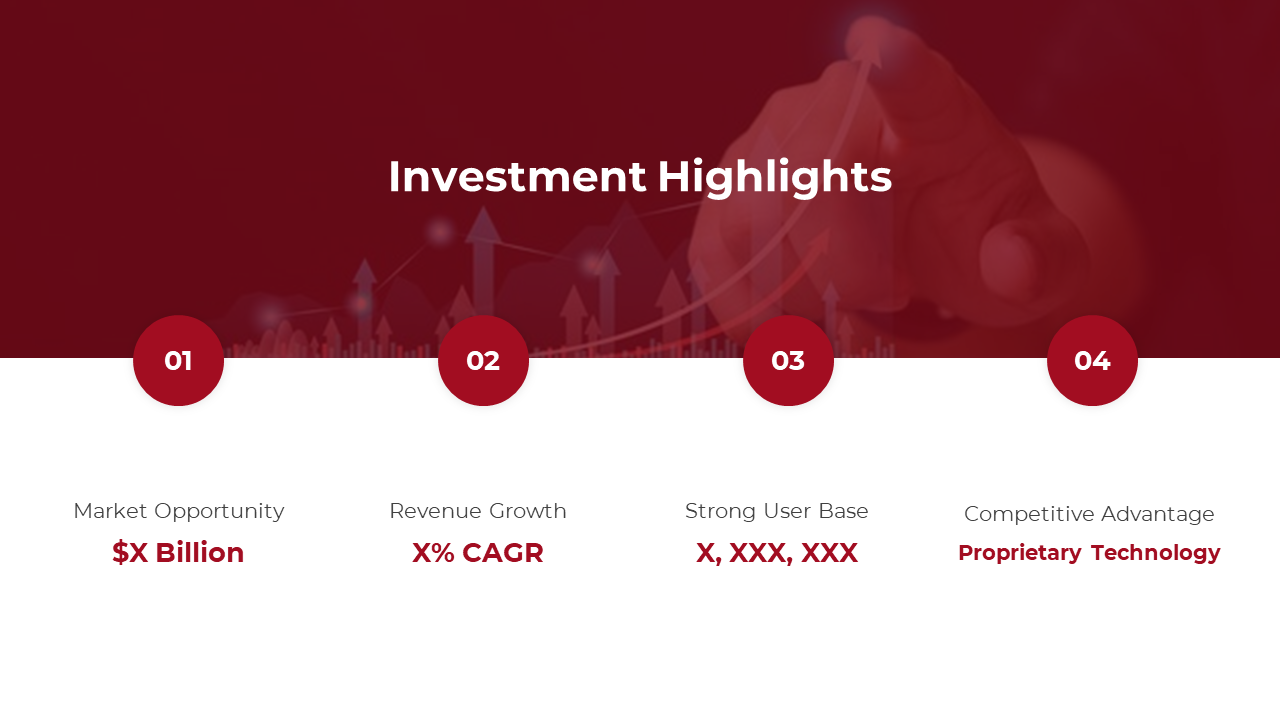 Investment highlights slide with four numbered circular icons, on a gradient red theme with upward growth arrows.
